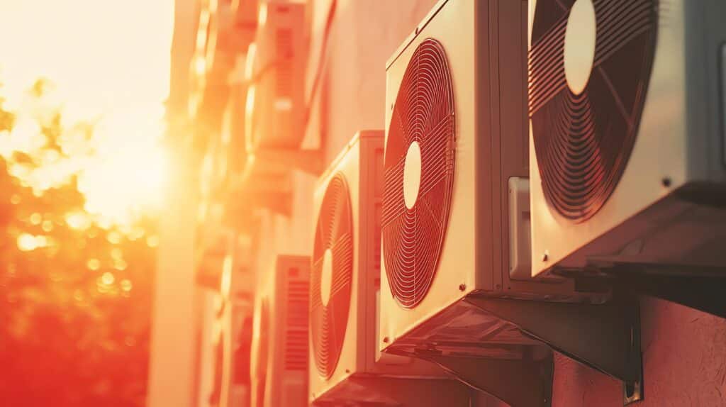 air conditioning units cooling buildings under warm sunlight.