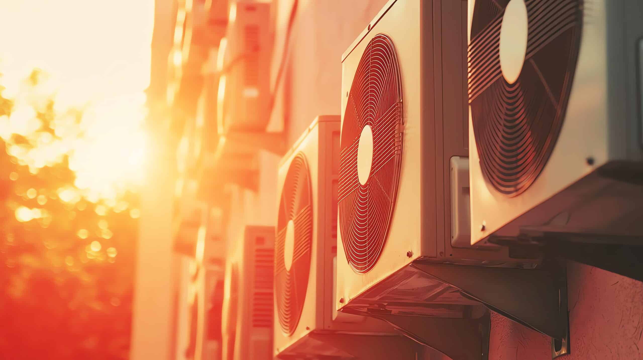 air conditioning units cooling buildings under warm sunlight.
