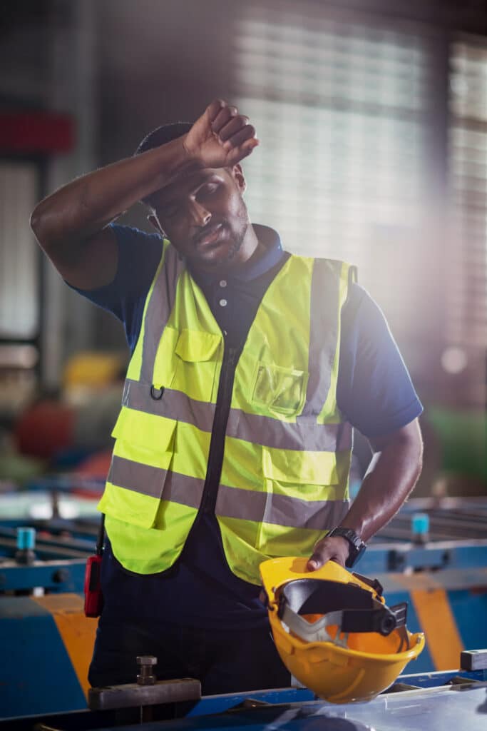 african american man factory worker sitting in factory area feeling tired from hard work and hot temperature.