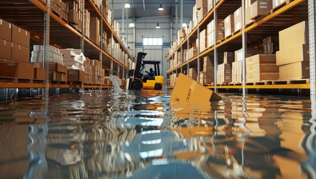 warehouse flooding disaster scene
